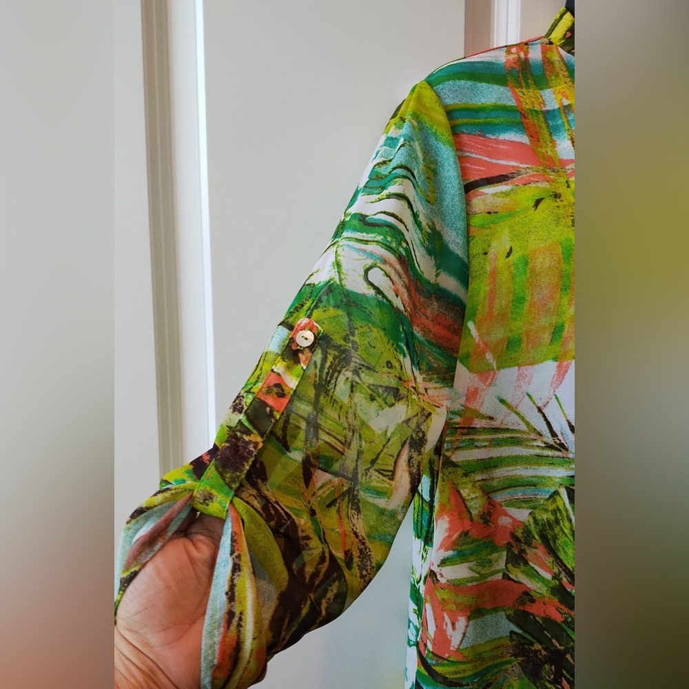 Cha Cha Vente Green Multi-Colored Split Neck 3/4 … - image 5